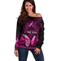 Personalised Pink Out Off Shoulder Sweater Breast Cancer Awareness Polynesian Pattern Black Version - Wonder Print Shop