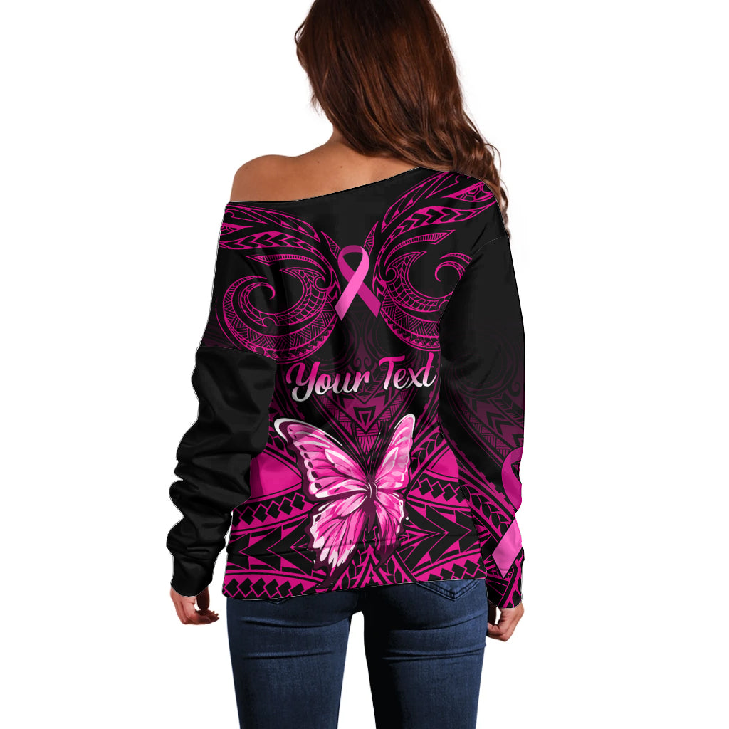 Personalised Pink Out Off Shoulder Sweater Breast Cancer Awareness Polynesian Pattern Black Version - Wonder Print Shop