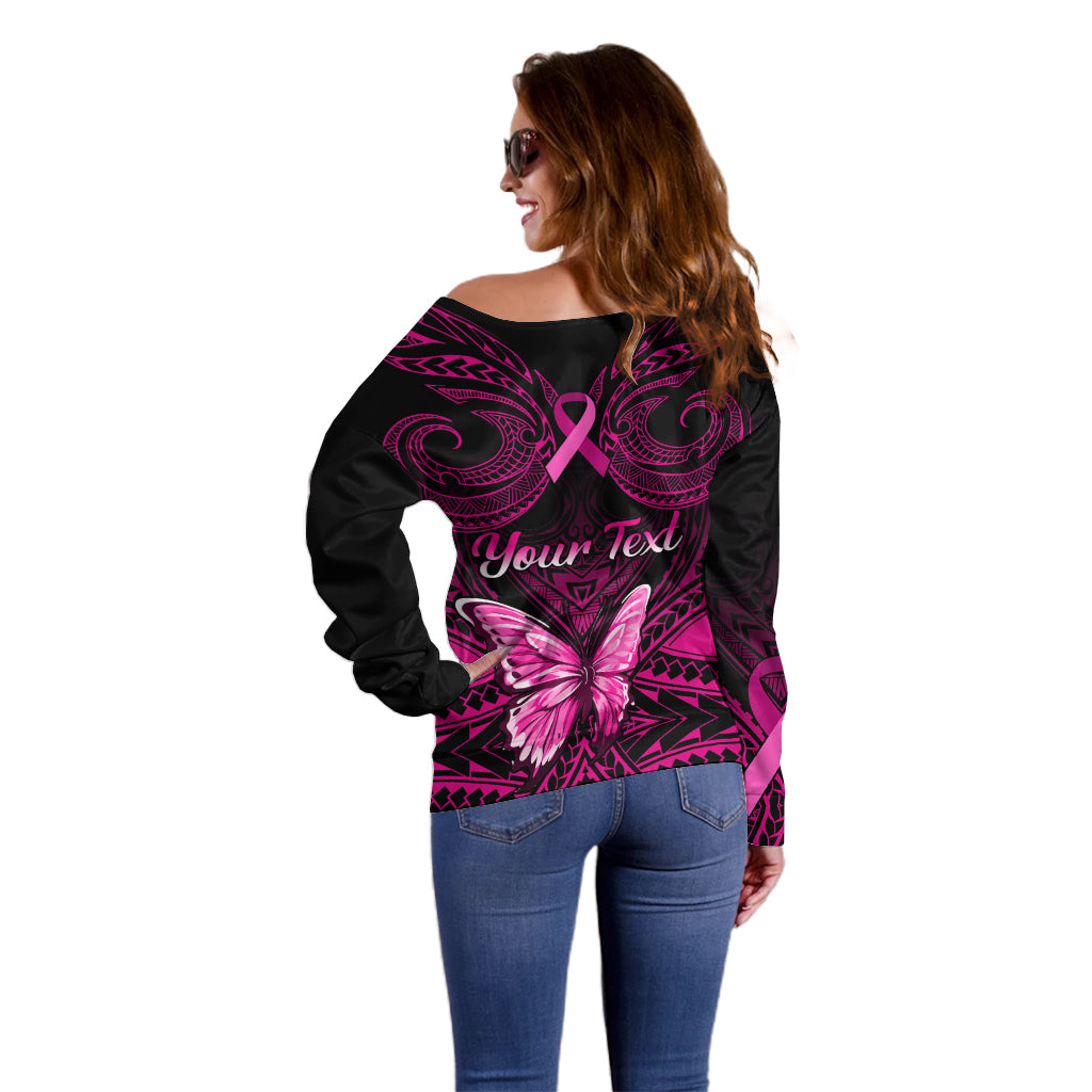 Personalised Pink Out Off Shoulder Sweater Breast Cancer Awareness Polynesian Pattern Black Version - Wonder Print Shop