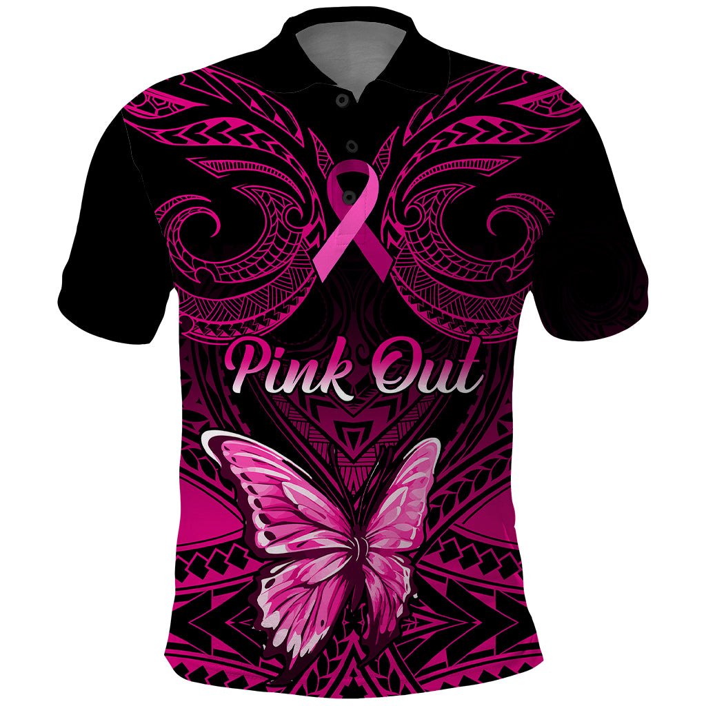 Personalised Pink Out Polo Shirt Breast Cancer Awareness Polynesian Pattern Black Version - Wonder Print Shop