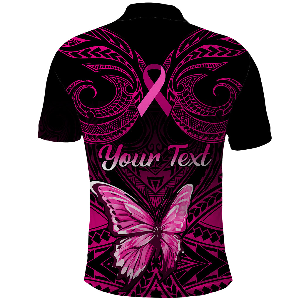 Personalised Pink Out Polo Shirt Breast Cancer Awareness Polynesian Pattern Black Version - Wonder Print Shop