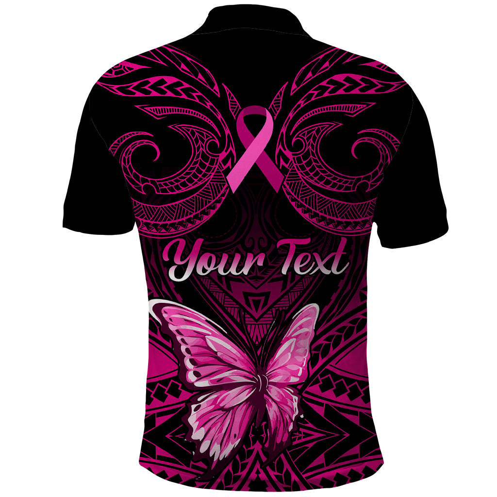 Personalised Pink Out Polo Shirt Breast Cancer Awareness Polynesian Pattern Black Version - Wonder Print Shop