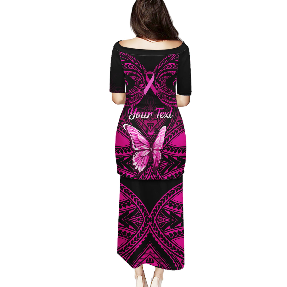 Personalised Pink Out Puletasi Breast Cancer Awareness Polynesian Pattern Black Version - Wonder Print Shop