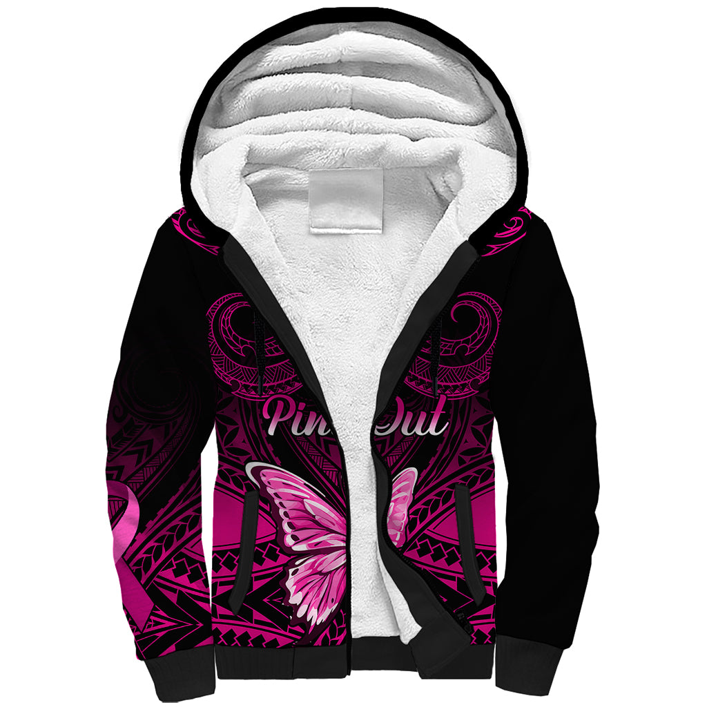 Personalised Pink Out Sherpa Hoodie Breast Cancer Awareness Polynesian Pattern Black Version - Wonder Print Shop