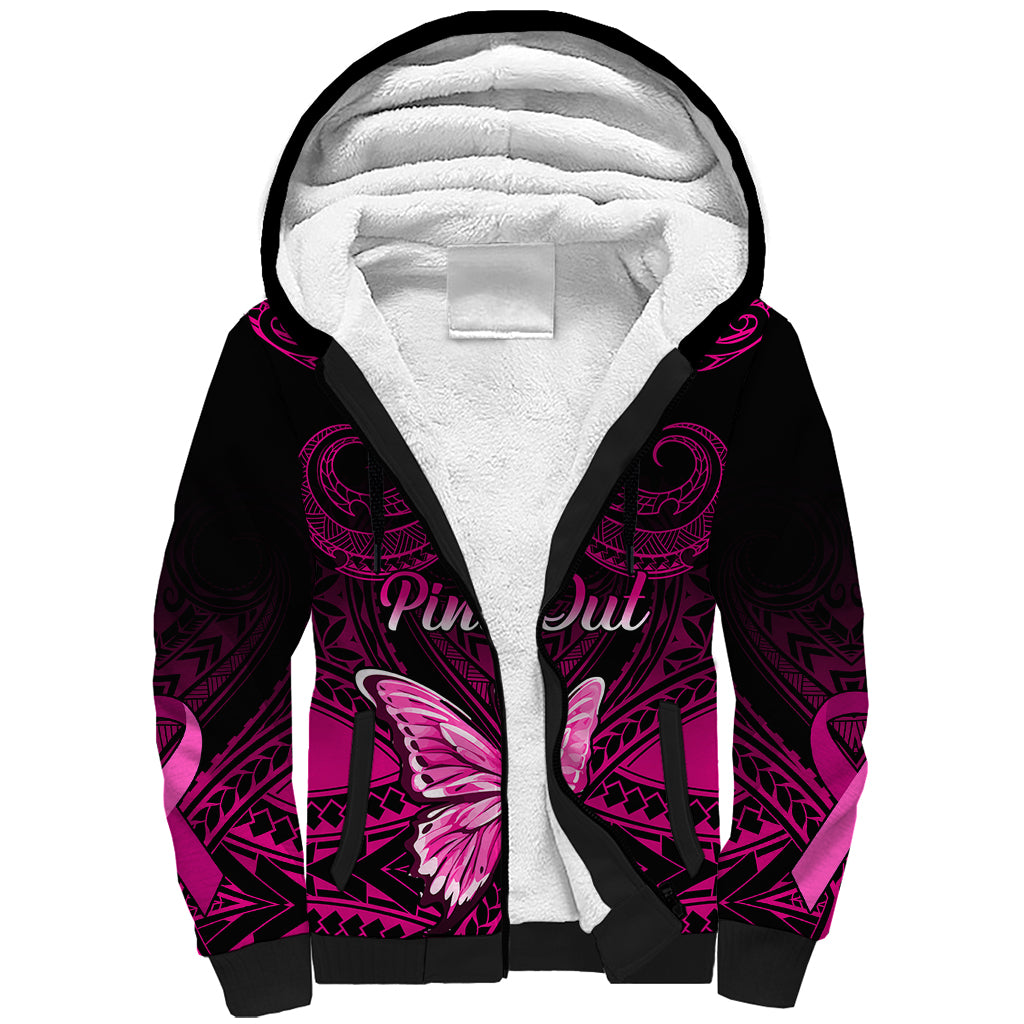 Personalised Pink Out Sherpa Hoodie Breast Cancer Awareness Polynesian Pattern Black Version - Wonder Print Shop