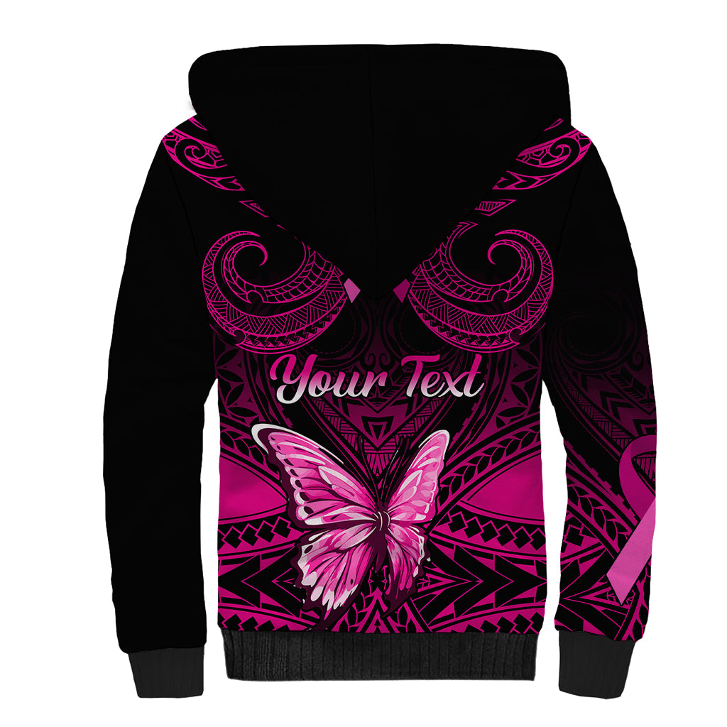 Personalised Pink Out Sherpa Hoodie Breast Cancer Awareness Polynesian Pattern Black Version - Wonder Print Shop