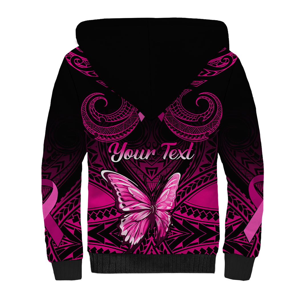 Personalised Pink Out Sherpa Hoodie Breast Cancer Awareness Polynesian Pattern Black Version - Wonder Print Shop