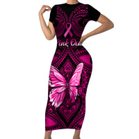 Personalised Pink Out Short Sleeve Bodycon Dress Breast Cancer Awareness Polynesian Pattern Black Version - Wonder Print Shop