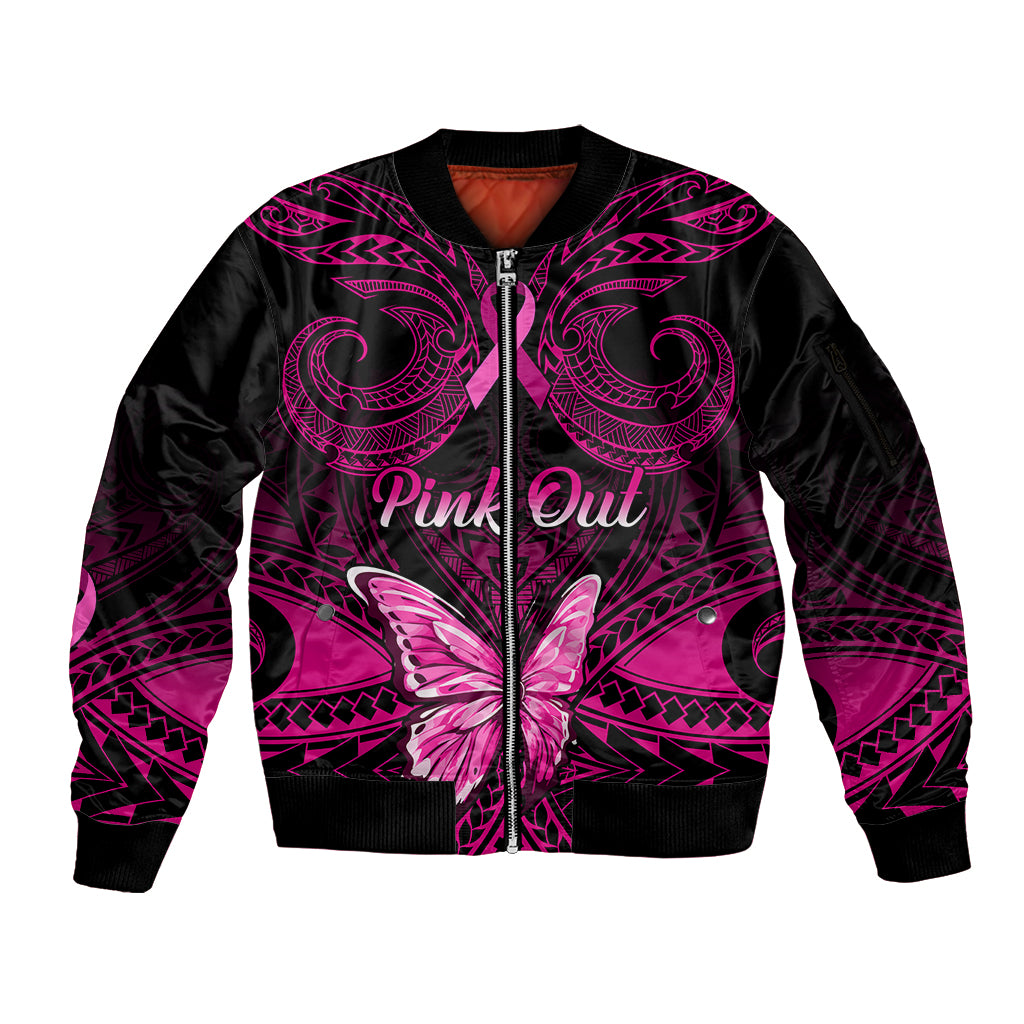 Personalised Pink Out Sleeve Zip Bomber Jacket Breast Cancer Awareness Polynesian Pattern Black Version - Wonder Print Shop