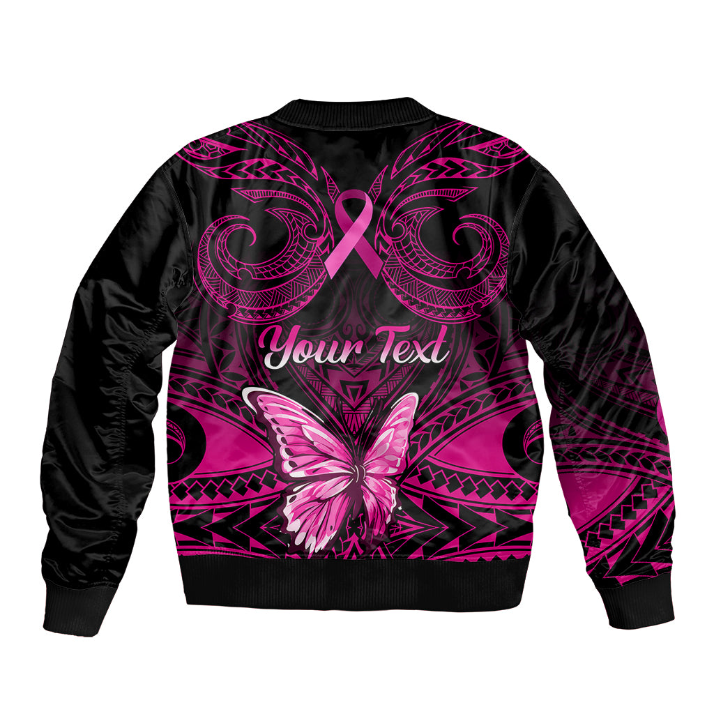 Personalised Pink Out Sleeve Zip Bomber Jacket Breast Cancer Awareness Polynesian Pattern Black Version - Wonder Print Shop