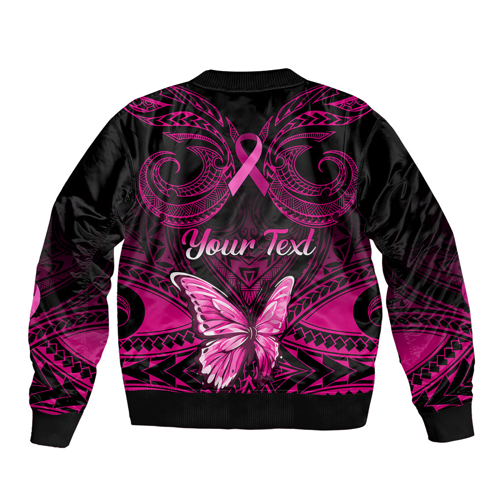 Personalised Pink Out Sleeve Zip Bomber Jacket Breast Cancer Awareness Polynesian Pattern Black Version - Wonder Print Shop