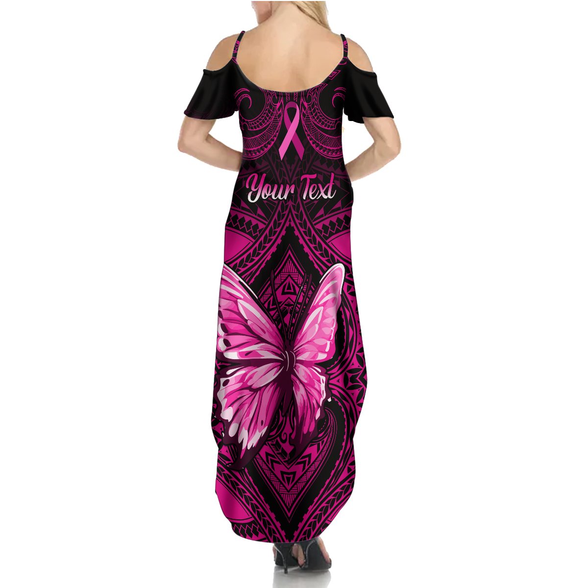 Personalised Pink Out Summer Maxi Dress Breast Cancer Awareness Polynesian Pattern Black Version - Wonder Print Shop