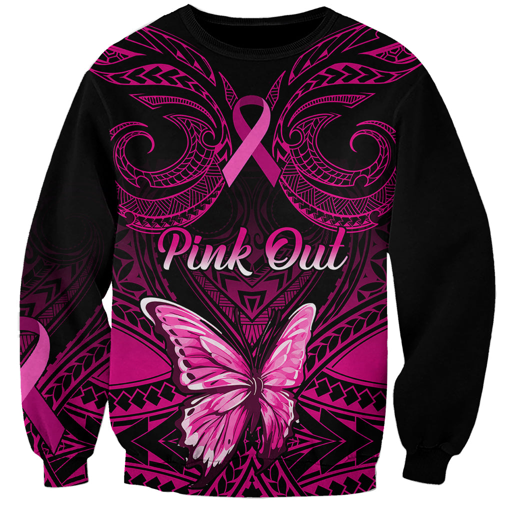 Personalised Pink Out Sweatshirt Breast Cancer Awareness Polynesian Pattern Black Version - Wonder Print Shop