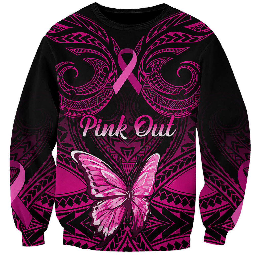 Personalised Pink Out Sweatshirt Breast Cancer Awareness Polynesian Pattern Black Version - Wonder Print Shop