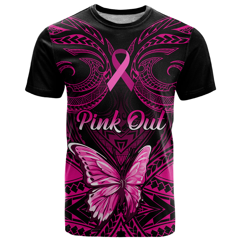 Personalised Pink Out T Shirt Breast Cancer Awareness Polynesian Pattern Black Version - Wonder Print Shop