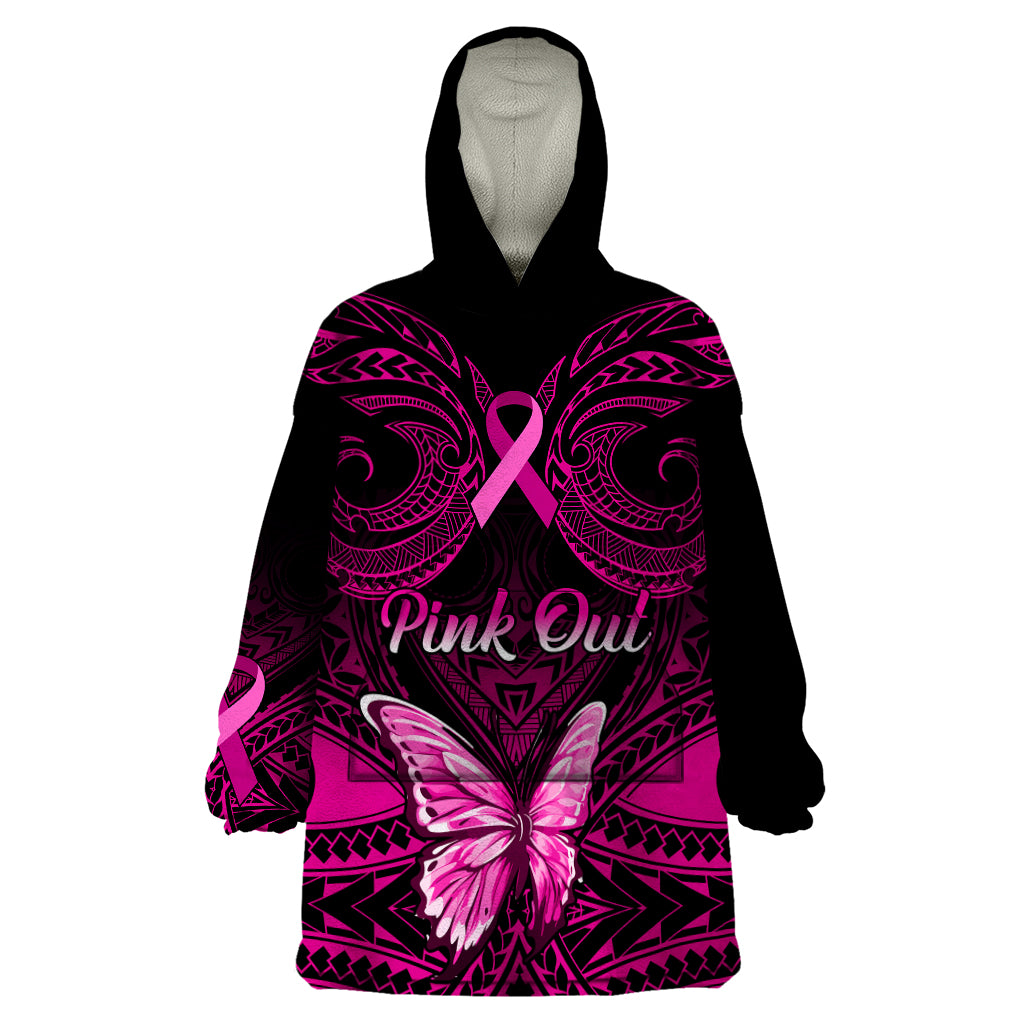 Personalised Pink Out Wearable Blanket Hoodie Breast Cancer Awareness Polynesian Pattern Black Version - Wonder Print Shop