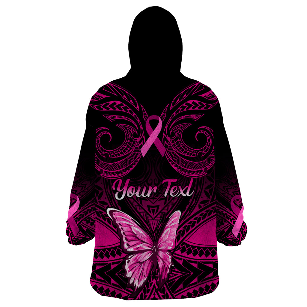Personalised Pink Out Wearable Blanket Hoodie Breast Cancer Awareness Polynesian Pattern Black Version - Wonder Print Shop
