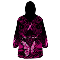 Personalised Pink Out Wearable Blanket Hoodie Breast Cancer Awareness Polynesian Pattern Black Version - Wonder Print Shop