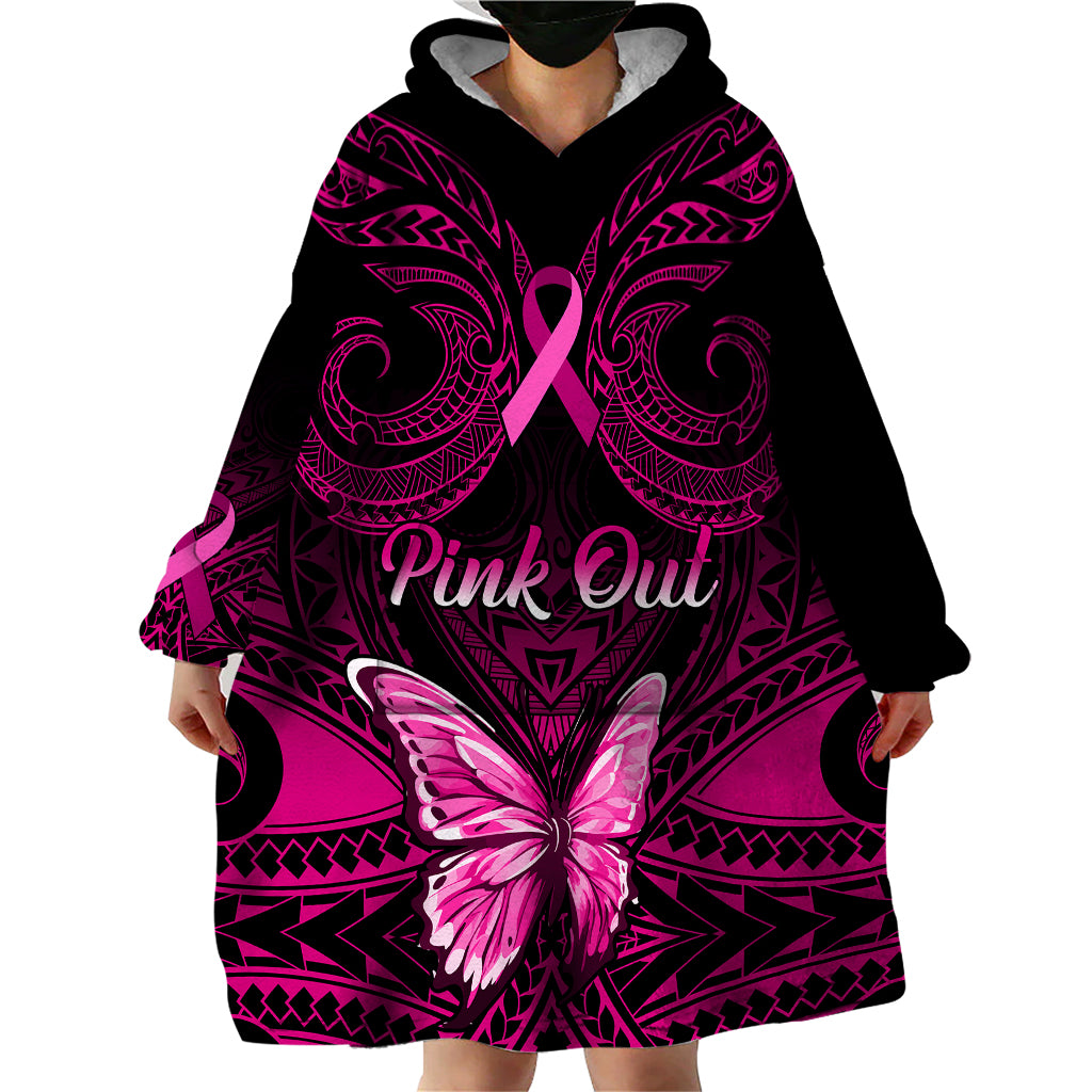 Personalised Pink Out Wearable Blanket Hoodie Breast Cancer Awareness Polynesian Pattern Black Version - Wonder Print Shop