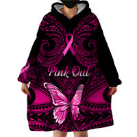 Personalised Pink Out Wearable Blanket Hoodie Breast Cancer Awareness Polynesian Pattern Black Version - Wonder Print Shop