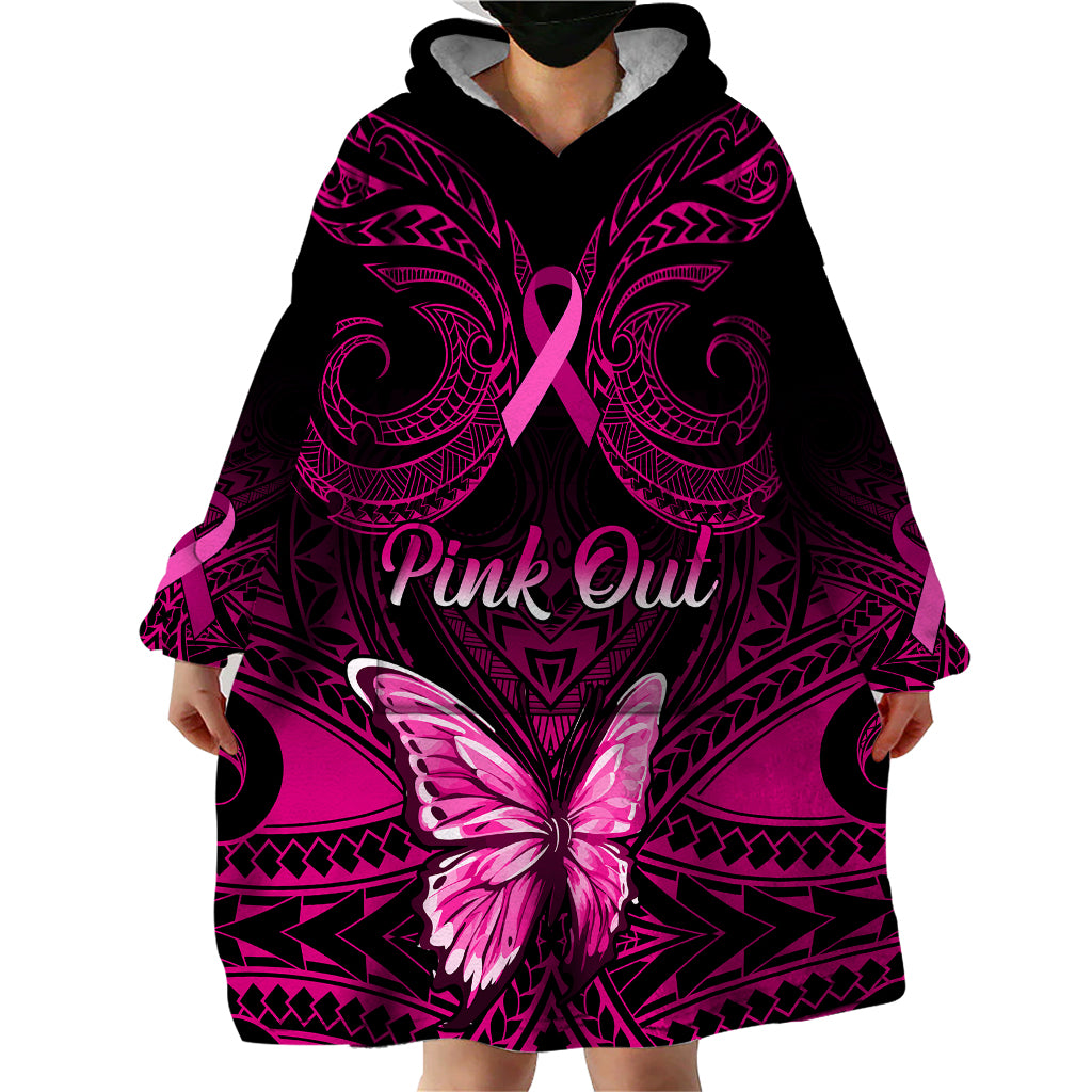 Personalised Pink Out Wearable Blanket Hoodie Breast Cancer Awareness Polynesian Pattern Black Version - Wonder Print Shop