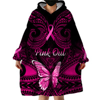 Personalised Pink Out Wearable Blanket Hoodie Breast Cancer Awareness Polynesian Pattern Black Version - Wonder Print Shop