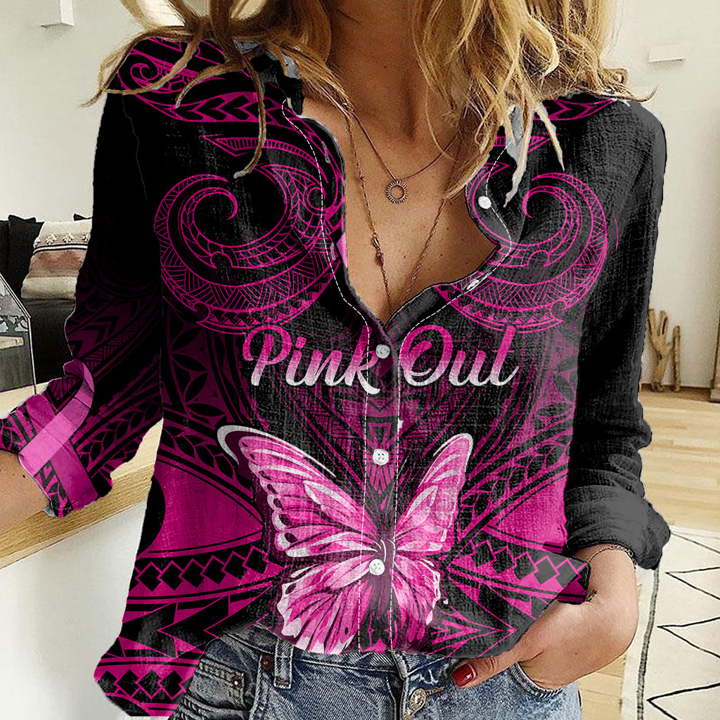 Personalised Pink Out Women Casual Shirt Breast Cancer Awareness Polynesian Pattern Black Version - Wonder Print Shop