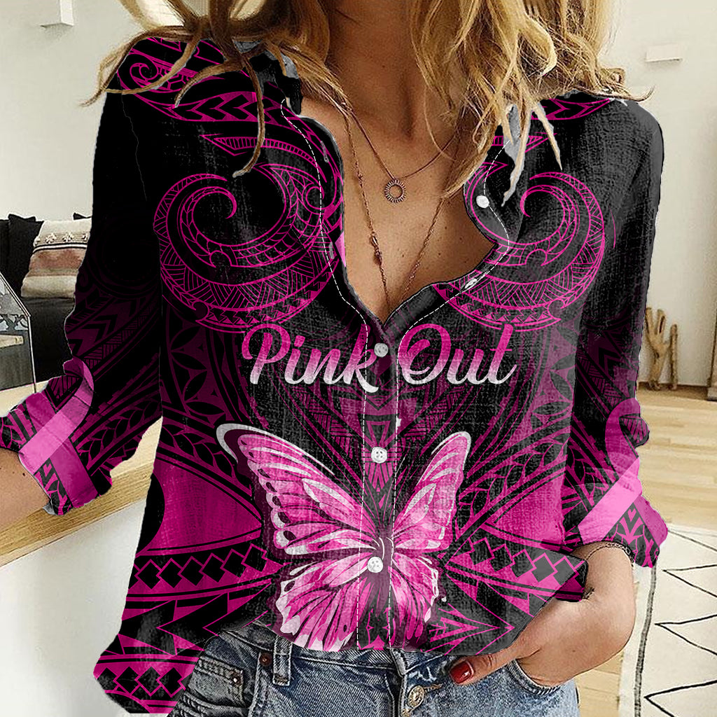 Personalised Pink Out Women Casual Shirt Breast Cancer Awareness Polynesian Pattern Black Version - Wonder Print Shop