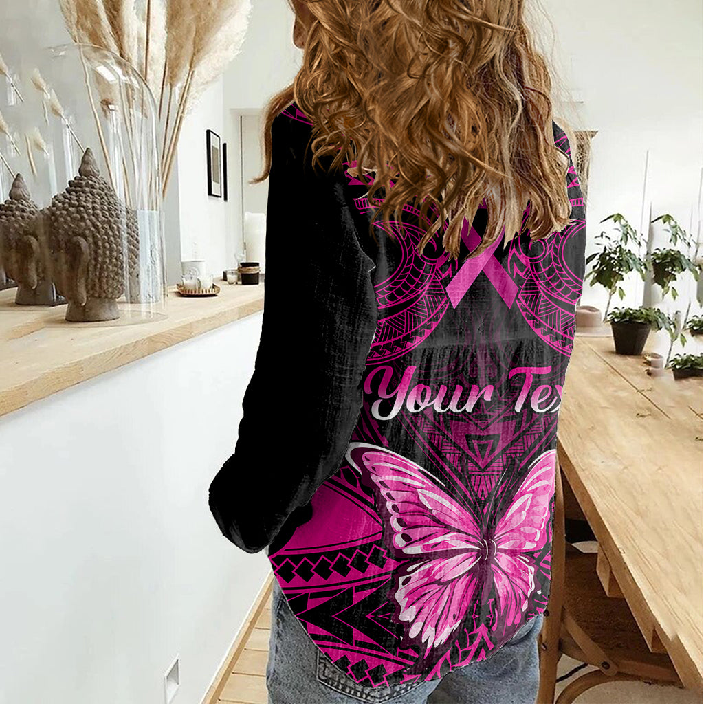 Personalised Pink Out Women Casual Shirt Breast Cancer Awareness Polynesian Pattern Black Version - Wonder Print Shop