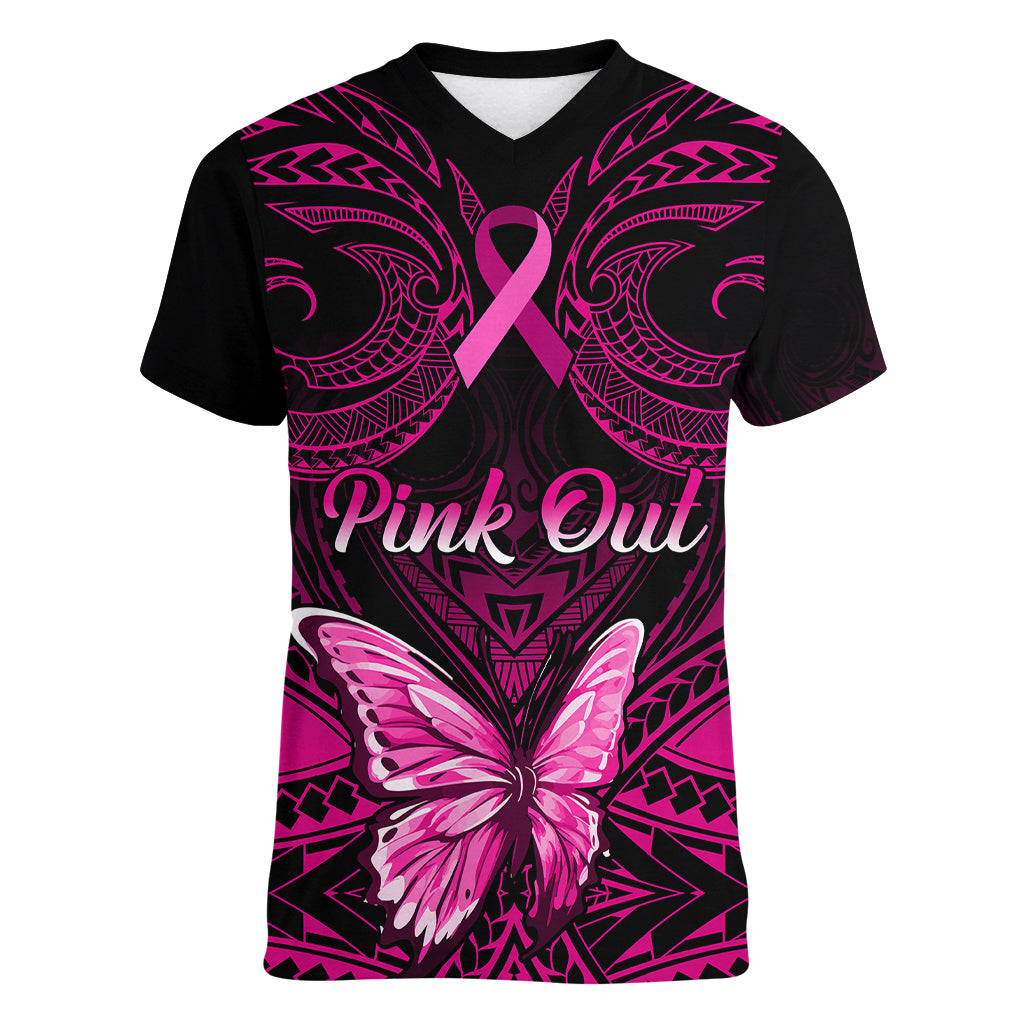 Personalised Pink Out Women V Neck T Shirt Breast Cancer Awareness Polynesian Pattern Black Version - Wonder Print Shop