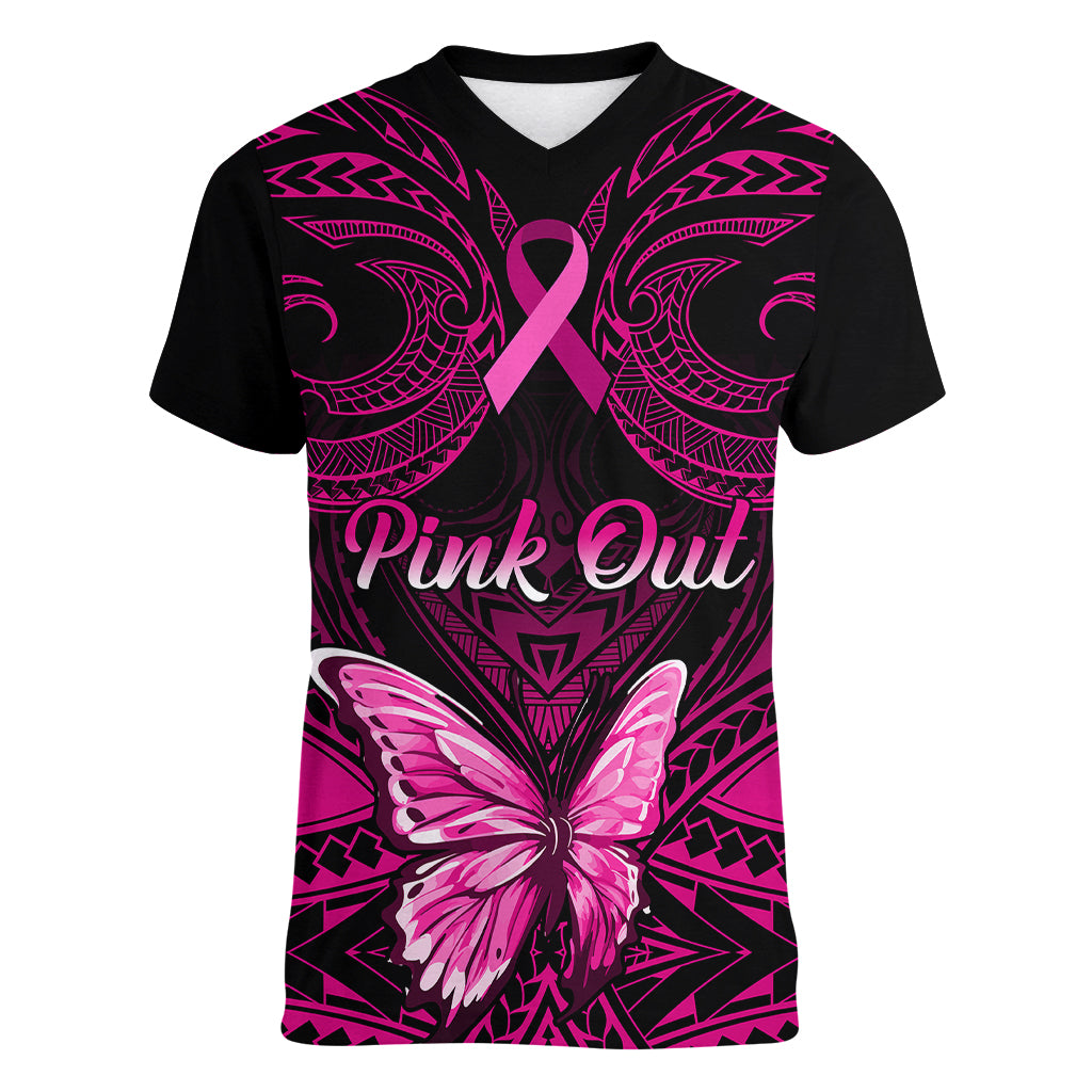 Personalised Pink Out Women V Neck T Shirt Breast Cancer Awareness Polynesian Pattern Black Version - Wonder Print Shop