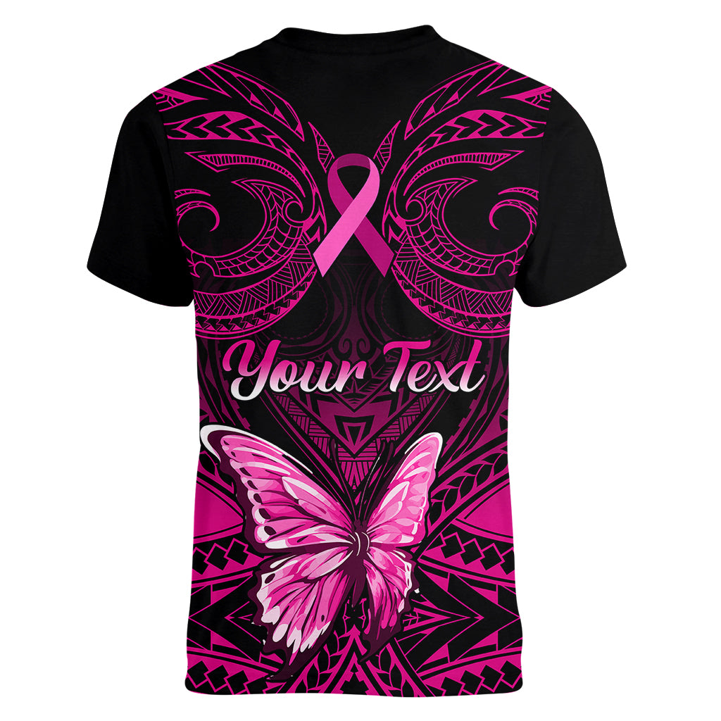 Personalised Pink Out Women V Neck T Shirt Breast Cancer Awareness Polynesian Pattern Black Version - Wonder Print Shop