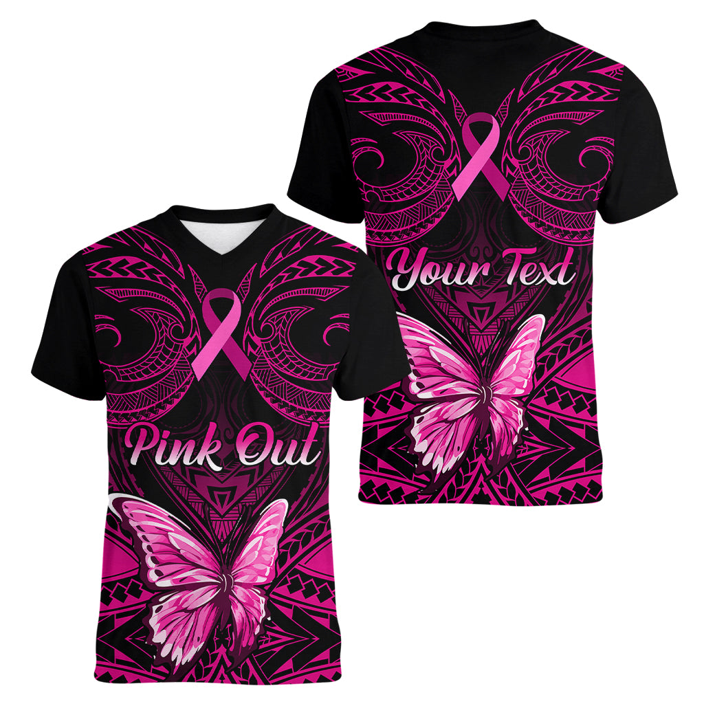 Personalised Pink Out Women V Neck T Shirt Breast Cancer Awareness Polynesian Pattern Black Version - Wonder Print Shop