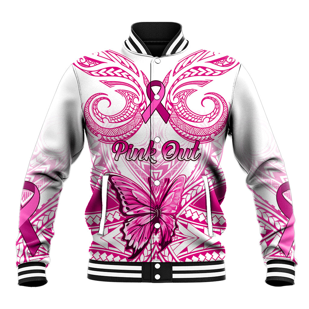 Personalised Pink Out Baseball Jacket Breast Cancer Awareness Polynesian Pattern White Version - Wonder Print Shop
