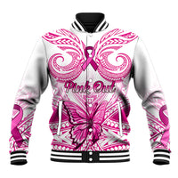 Personalised Pink Out Baseball Jacket Breast Cancer Awareness Polynesian Pattern White Version - Wonder Print Shop