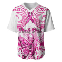Personalised Pink Out Baseball Jersey Breast Cancer Awareness Polynesian Pattern White Version - Wonder Print Shop