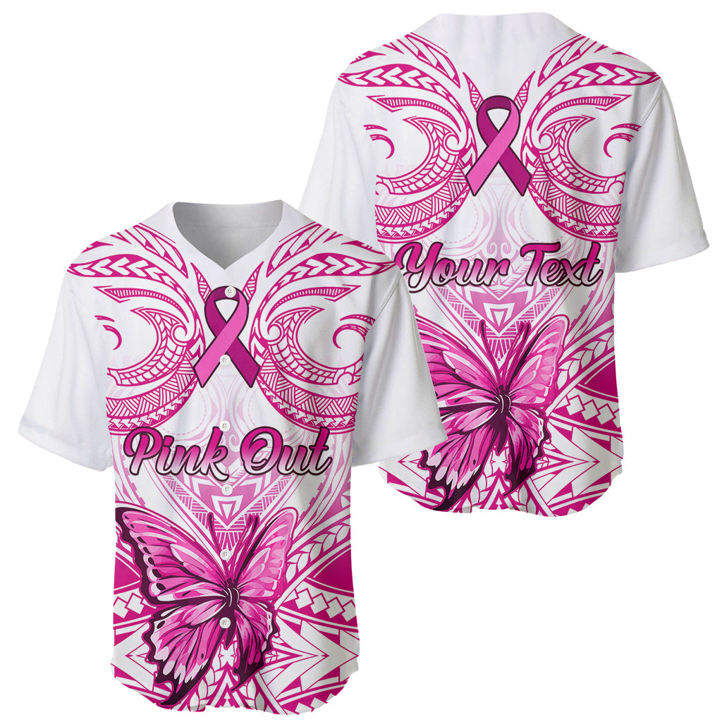 Personalised Pink Out Baseball Jersey Breast Cancer Awareness Polynesian Pattern White Version - Wonder Print Shop