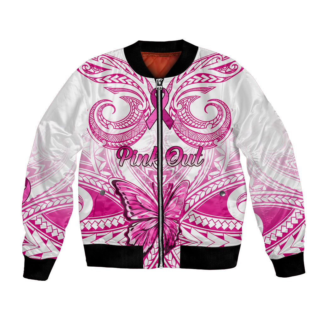 Personalised Pink Out Bomber Jacket Breast Cancer Awareness Polynesian Pattern White Version - Wonder Print Shop