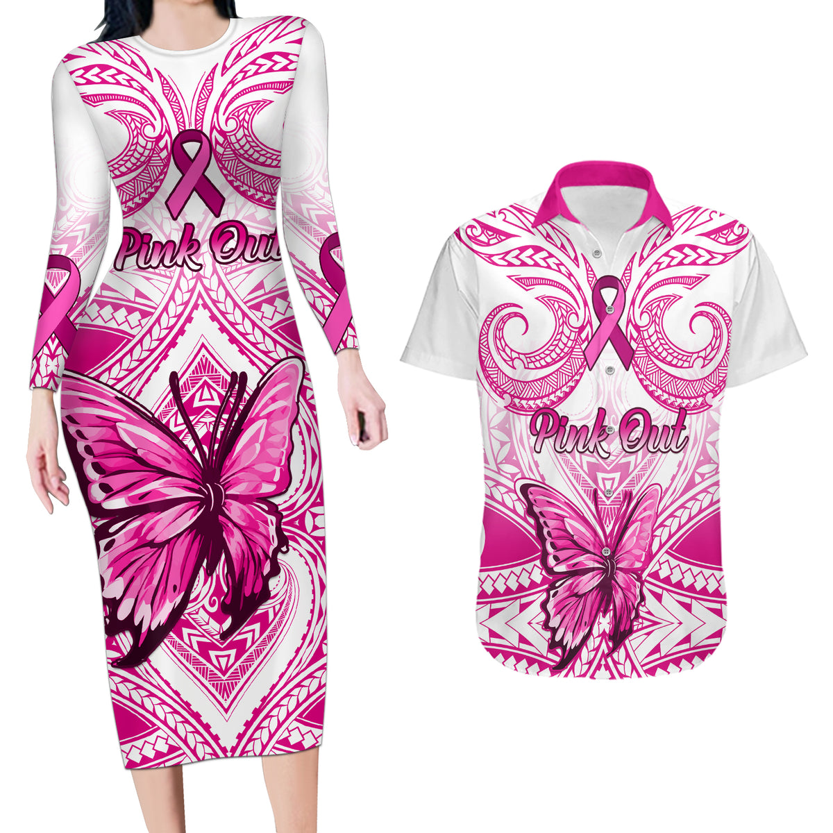 Personalised Pink Out Couples Matching Long Sleeve Bodycon Dress and Hawaiian Shirt Breast Cancer Awareness Polynesian Pattern White Version - Wonder Print Shop