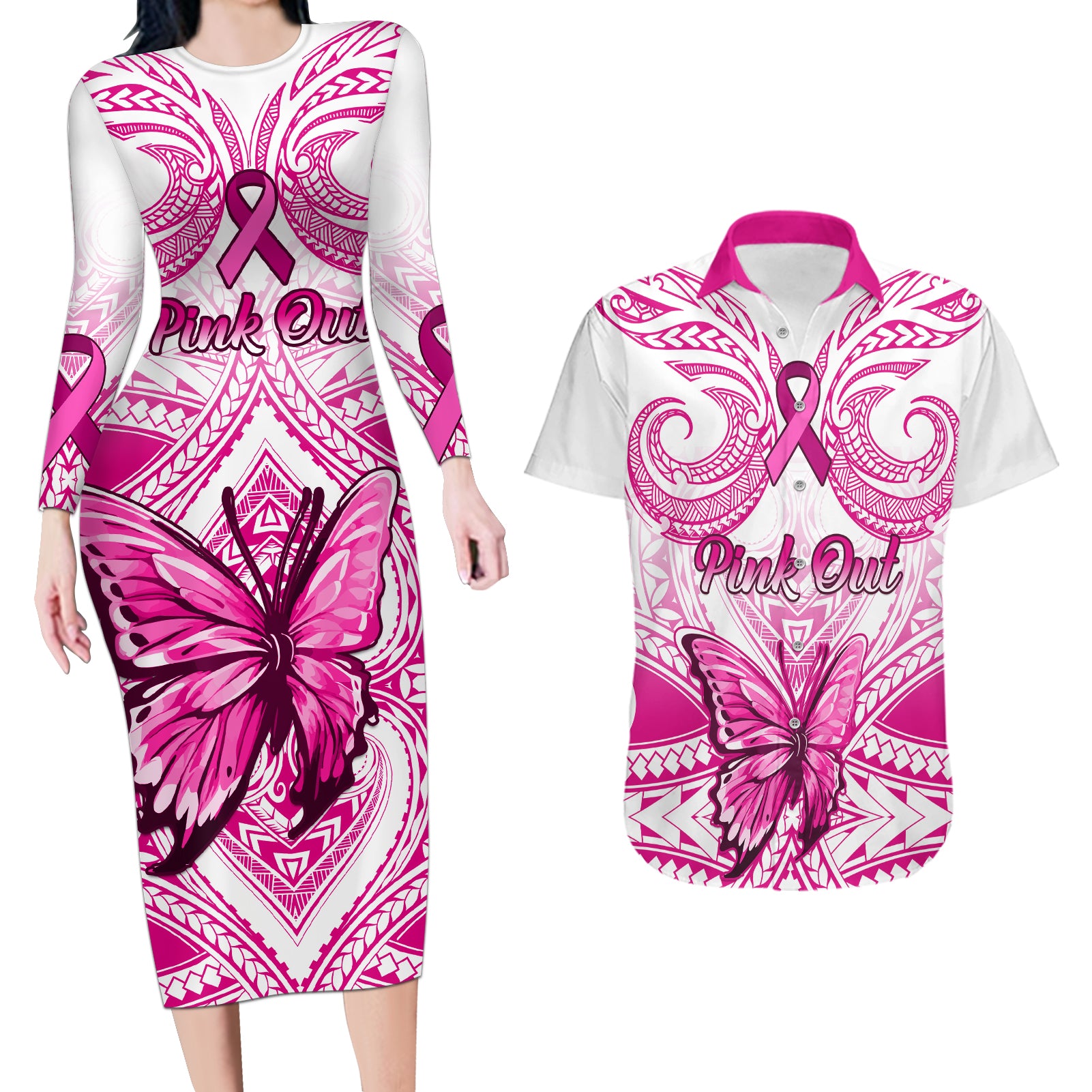 Personalised Pink Out Couples Matching Long Sleeve Bodycon Dress and Hawaiian Shirt Breast Cancer Awareness Polynesian Pattern White Version - Wonder Print Shop