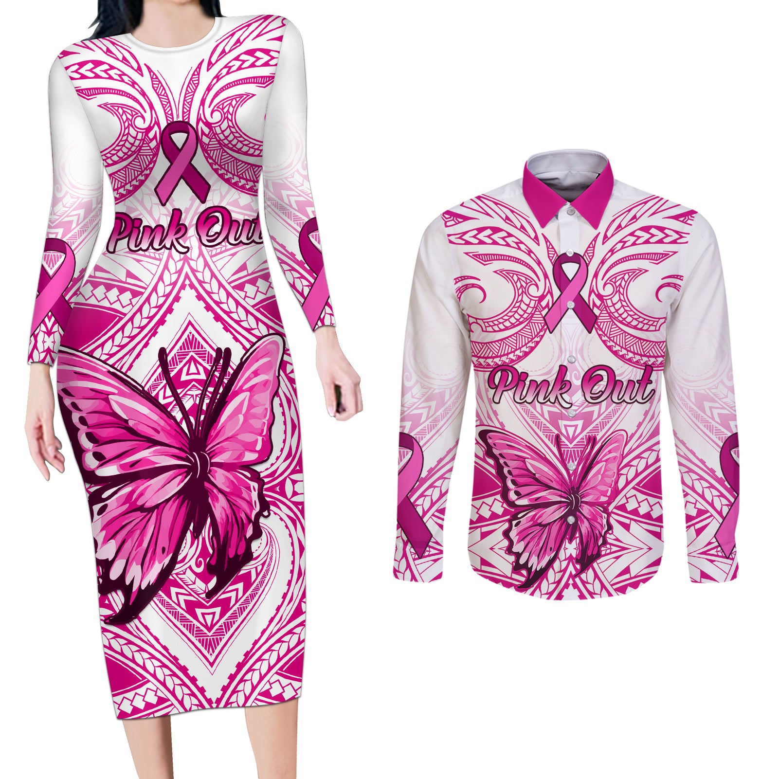 Personalised Pink Out Couples Matching Long Sleeve Bodycon Dress and Long Sleeve Button Shirts Breast Cancer Awareness Polynesian Pattern White Version - Wonder Print Shop