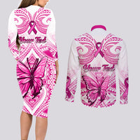 Personalised Pink Out Couples Matching Long Sleeve Bodycon Dress and Long Sleeve Button Shirts Breast Cancer Awareness Polynesian Pattern White Version - Wonder Print Shop
