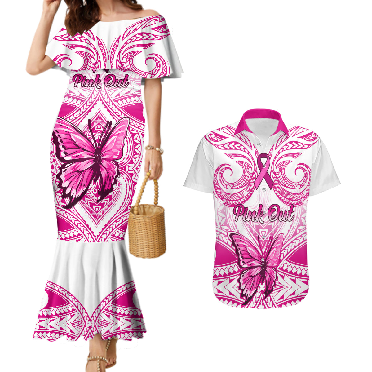 Personalised Pink Out Couples Matching Mermaid Dress and Hawaiian Shirt Breast Cancer Awareness Polynesian Pattern White Version - Wonder Print Shop