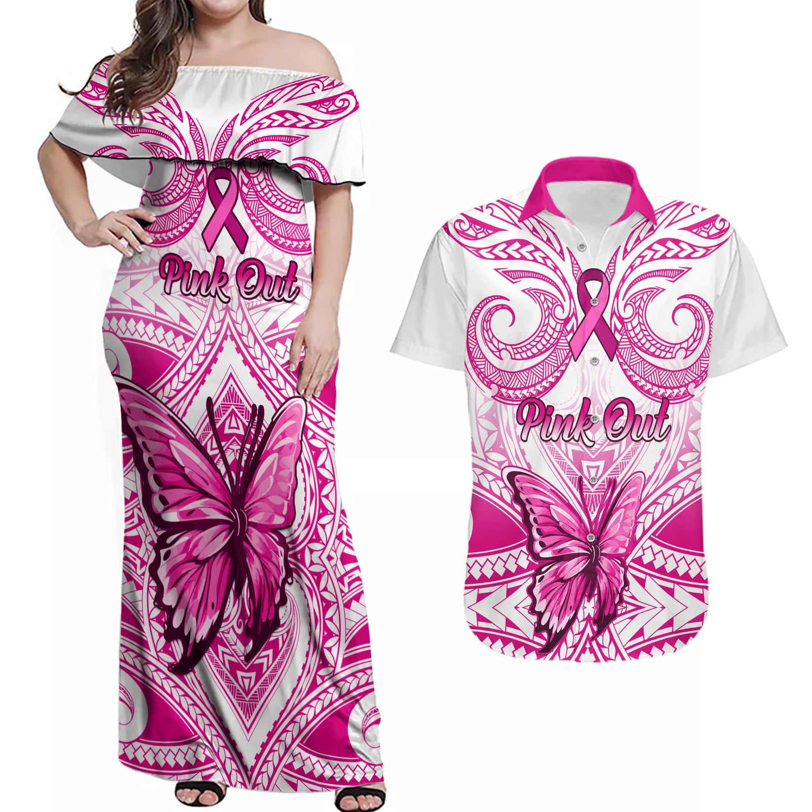 Personalised Pink Out Couples Matching Off Shoulder Maxi Dress and Hawaiian Shirt Breast Cancer Awareness Polynesian Pattern White Version - Wonder Print Shop
