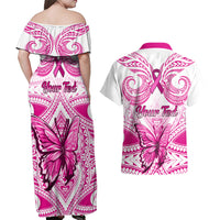 Personalised Pink Out Couples Matching Off Shoulder Maxi Dress and Hawaiian Shirt Breast Cancer Awareness Polynesian Pattern White Version - Wonder Print Shop