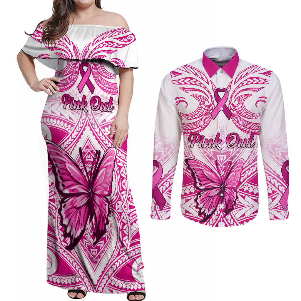 Personalised Pink Out Couples Matching Off Shoulder Maxi Dress and Long Sleeve Button Shirts Breast Cancer Awareness Polynesian Pattern White Version - Wonder Print Shop
