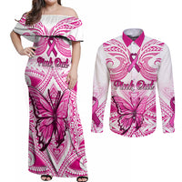 Personalised Pink Out Couples Matching Off Shoulder Maxi Dress and Long Sleeve Button Shirts Breast Cancer Awareness Polynesian Pattern White Version - Wonder Print Shop