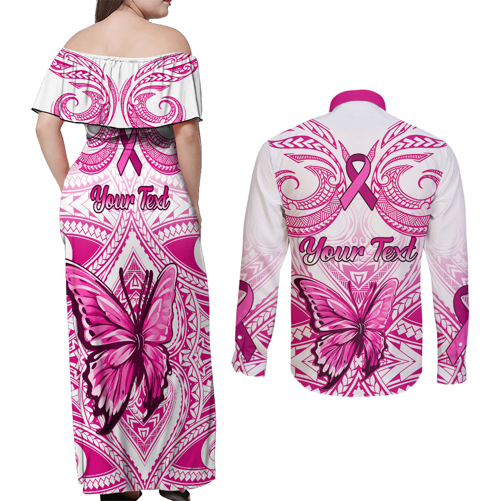 Personalised Pink Out Couples Matching Off Shoulder Maxi Dress and Long Sleeve Button Shirts Breast Cancer Awareness Polynesian Pattern White Version - Wonder Print Shop