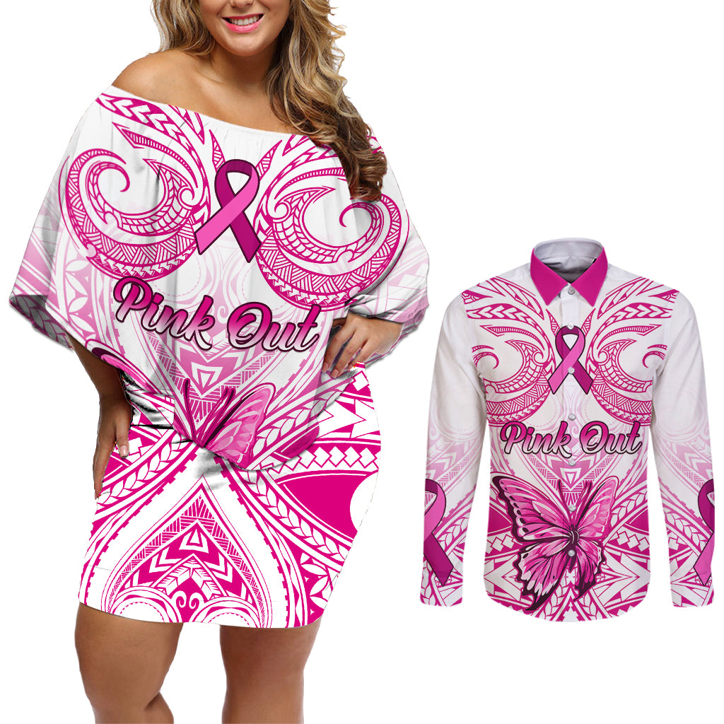 Personalised Pink Out Couples Matching Off Shoulder Short Dress and Long Sleeve Button Shirts Breast Cancer Awareness Polynesian Pattern White Version - Wonder Print Shop