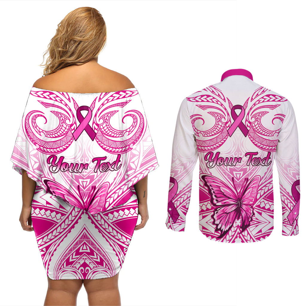 Personalised Pink Out Couples Matching Off Shoulder Short Dress and Long Sleeve Button Shirts Breast Cancer Awareness Polynesian Pattern White Version - Wonder Print Shop
